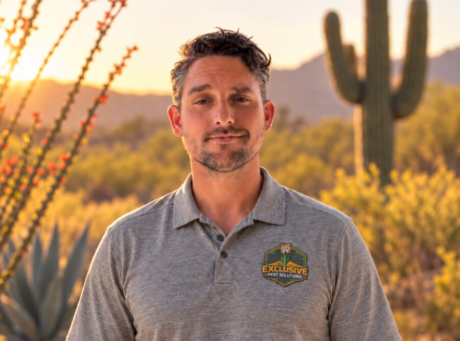 David Kiser, founder of Exclusive Pest Solutions, in the desert at sunset.