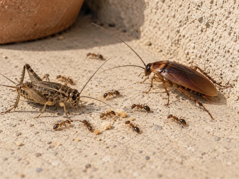 A cricket, a cockroach and a trail of ants on a sunlit Arizona patio slab.